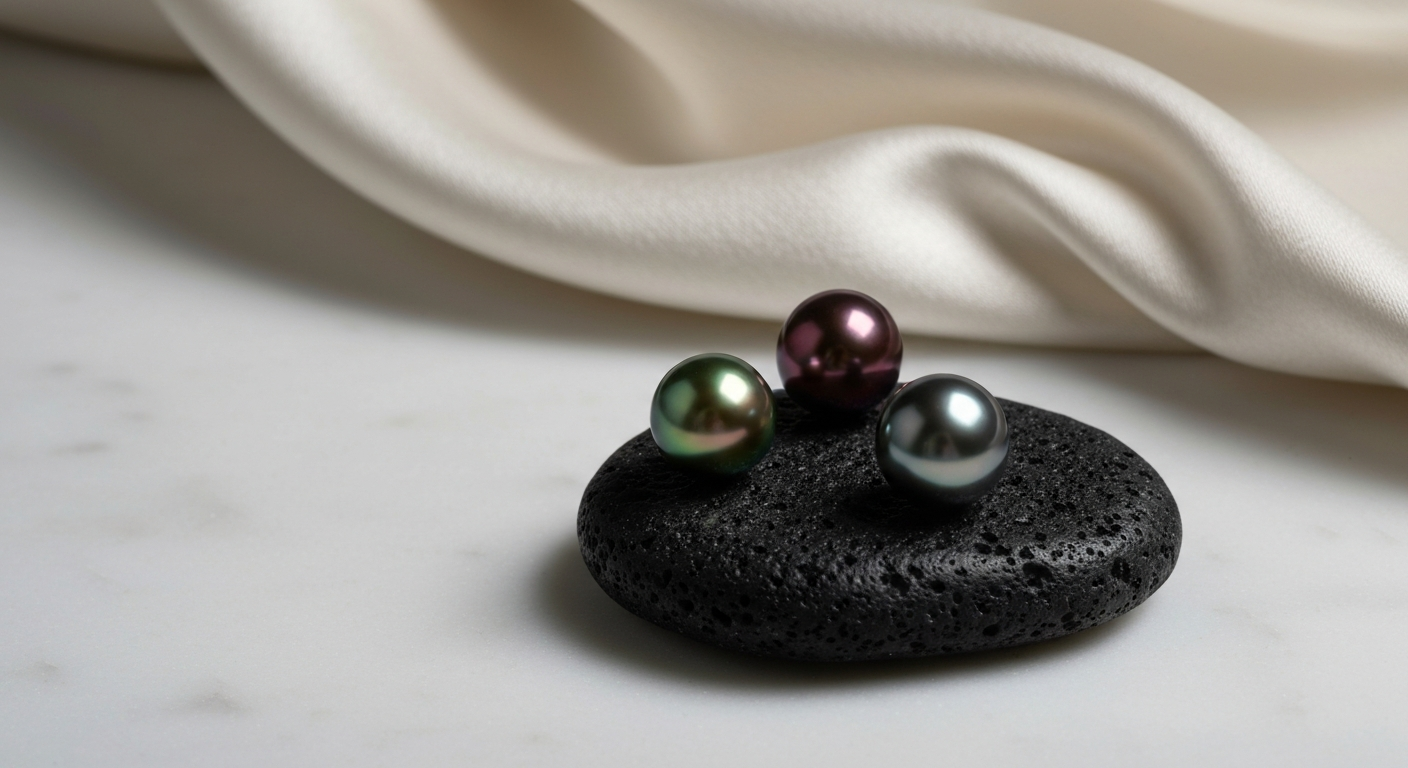 Tahitian pearls in natural peacock, aubergine and grey colours